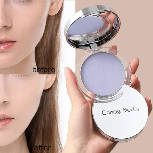 Pó fixador fosco, controle duradouro de oleosidade, pó compacto com glitter roxo, pó facial iluminador, base compacta em gel para maquiagem