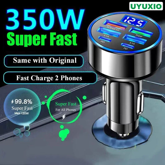 Adaptador de carregador de celular UYUXIO 6 em 1 USB C para carro com display de voltagem Dual PD super rápido para iPhone 15 Pro Max OPPO Samsung Huawei