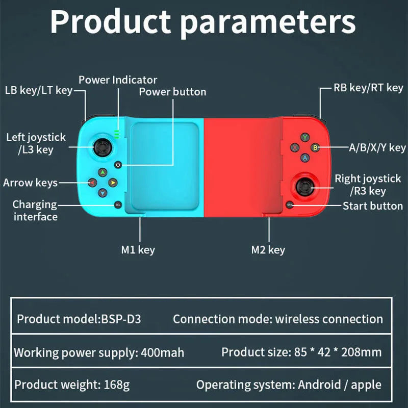 Controle de jogo sem fio extensível D3 Bluetooth 5.0 para celular Samsung Huawei Xiaomi Android iOS