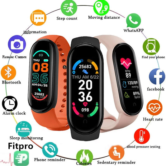 Relógio inteligente M6 masculino e feminino, pulseira inteligente para fitness, pulseira esportiva, monitor de frequência cardíaca e pressão arterial, à prova d'água, relógios multifuncionais
