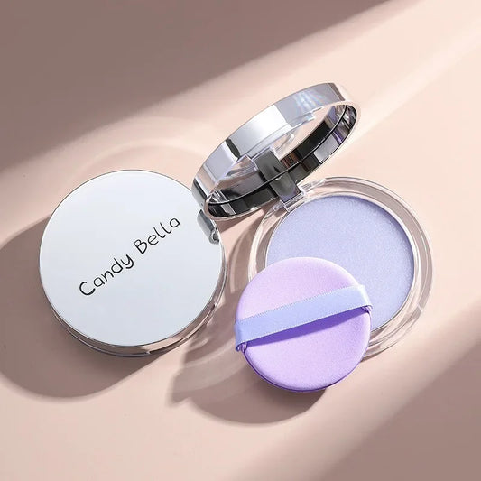 Pó fixador fosco, controle duradouro de oleosidade, pó compacto com glitter roxo, pó facial iluminador, base compacta em gel para maquiagem