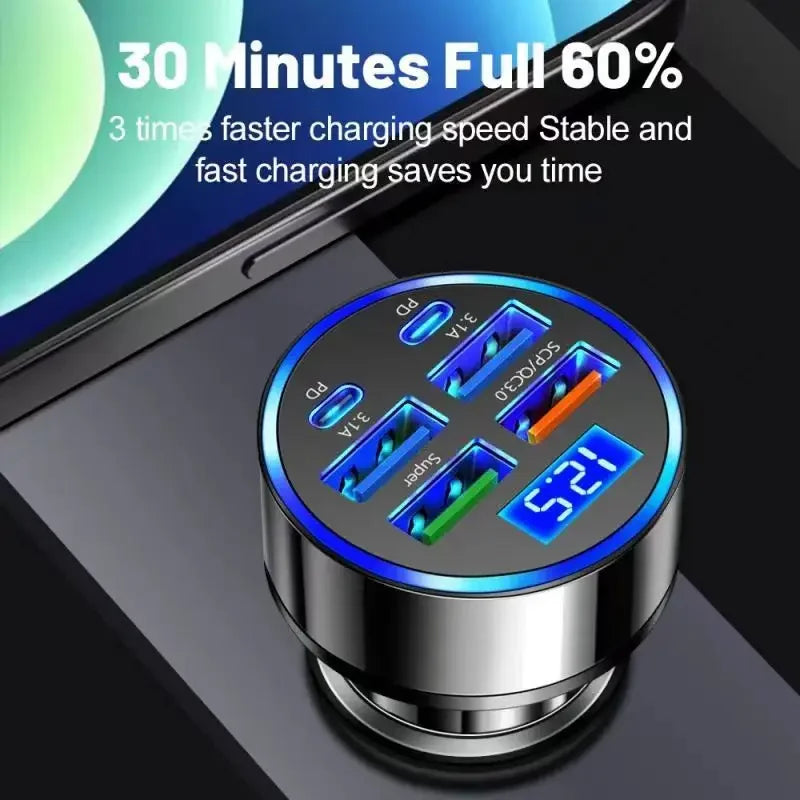 Adaptador de carregador de celular UYUXIO 6 em 1 USB C para carro com display de voltagem Dual PD super rápido para iPhone 15 Pro Max OPPO Samsung Huawei