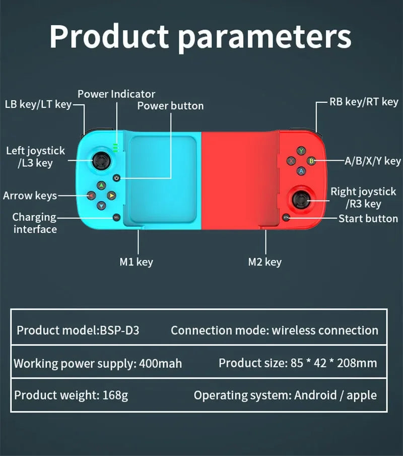 Controle de jogo sem fio extensível D3 Bluetooth 5.0 para celular Samsung Huawei Xiaomi Android iOS