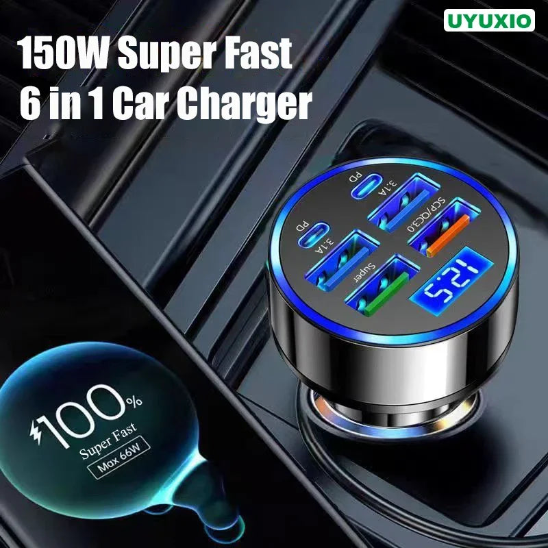 Adaptador de carregador de celular UYUXIO 6 em 1 USB C para carro com display de voltagem Dual PD super rápido para iPhone 15 Pro Max OPPO Samsung Huawei